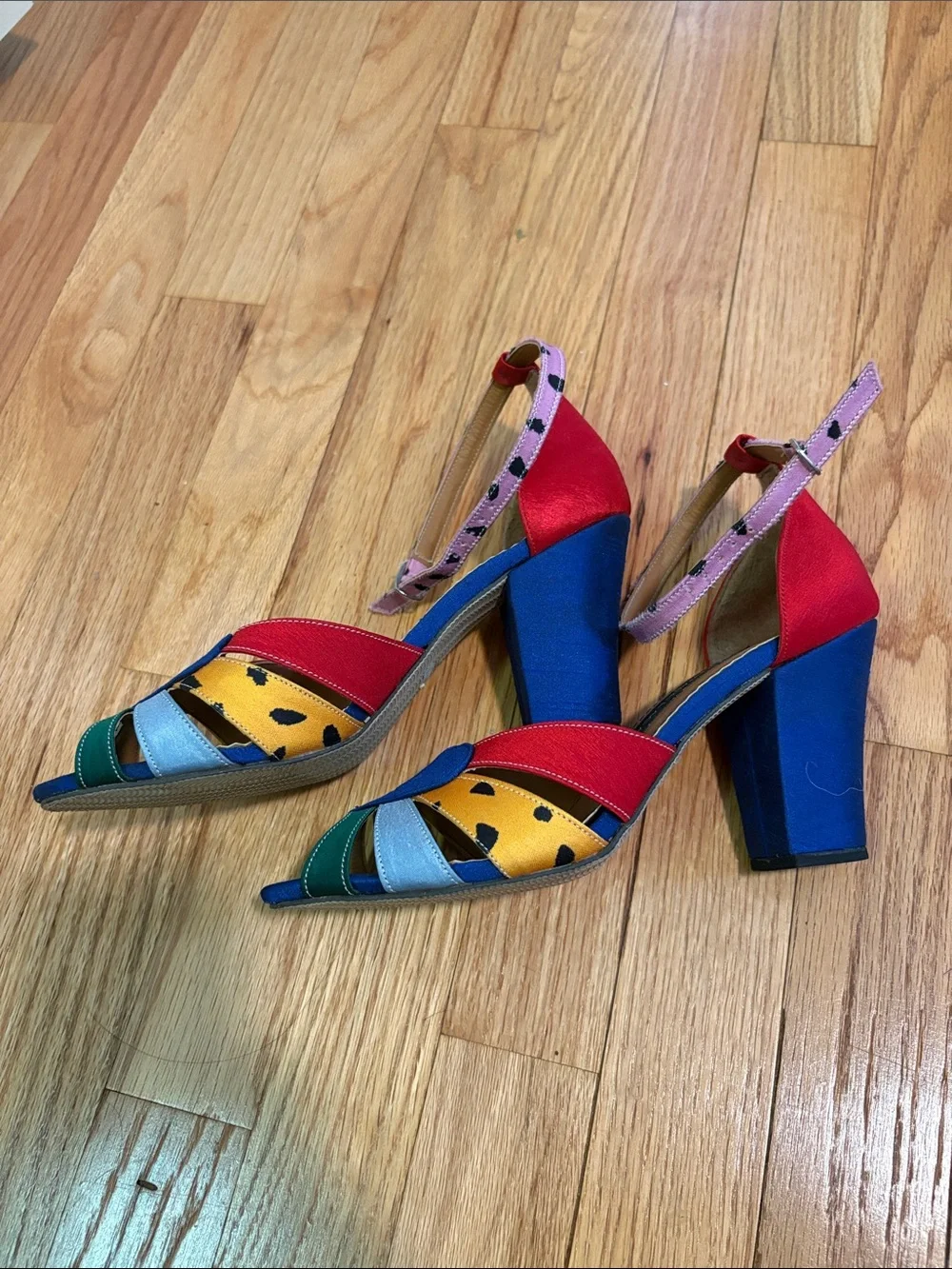 Shantall Lacayo Project Runway Raw Silk Heels Heart Rainbow Ankle-Strap Sandals